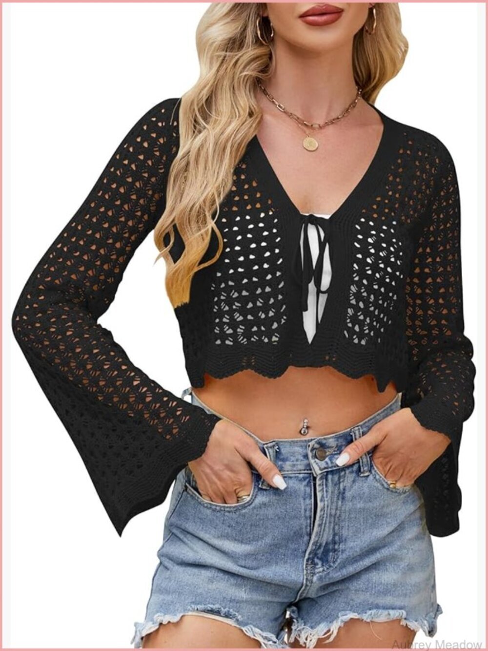Crochet Tie Front Cardigan Cropped Bolero Shrug Summer Beach Cover Up Top